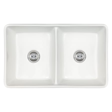 Msi Double Bowl 32'' x 20'' White Fireclay Kitchen Sink with Strainer Basket ZOR-PT-SNK-0019